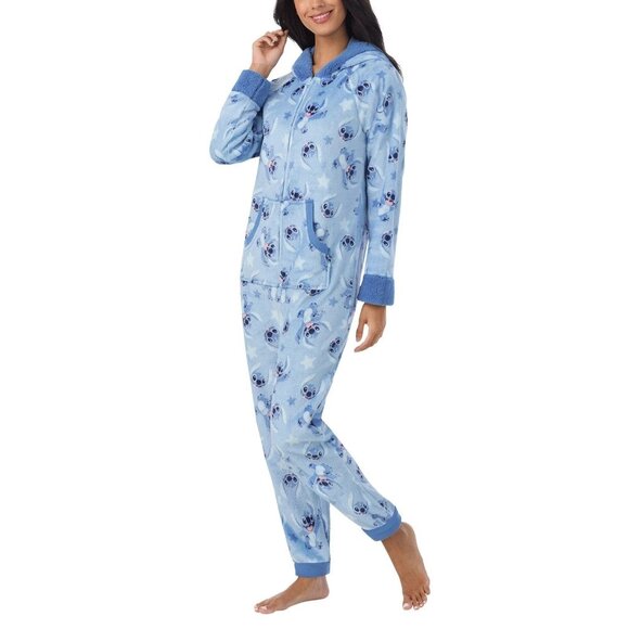 Disney Women's Stitch One-Piece Pajama Hooded Fleece Small Blue N0461 - Picture 2 of 9